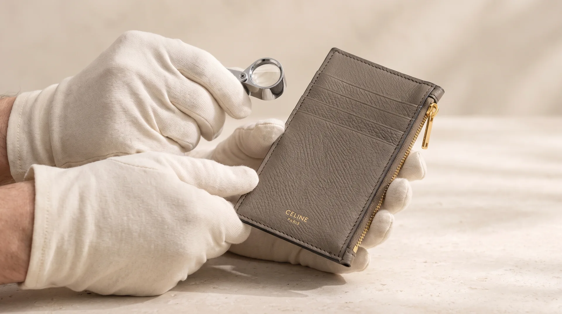 A specialist examines the stitching and leather of a small leather good